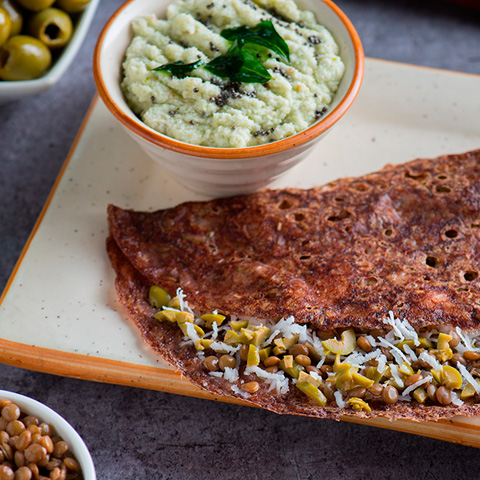 INSTANT RAGI DOSA WITH OLIVES AND LENTILS