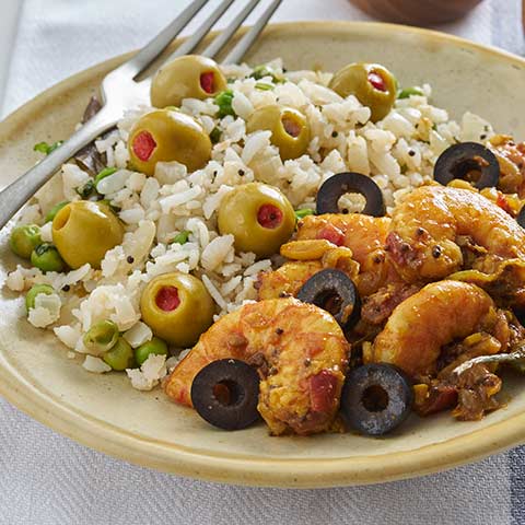 MUSTARD PRAWNS WITH SPANISH OLIVE RICE POHA